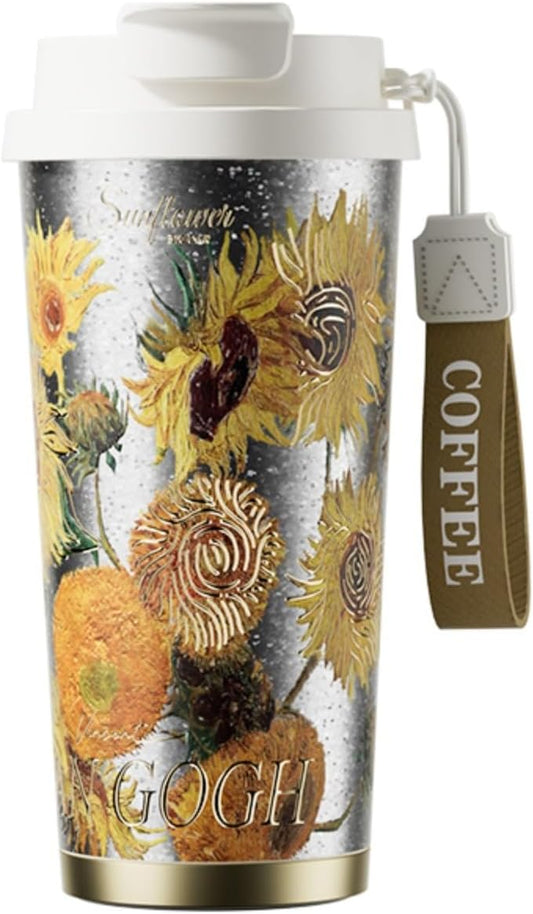 JWANGYUDG-100% Fully Titanium 17.5 oz Mug, 12-hour Thermal Insulation Coffee Mug, Artistic Travel Coffee Mug, Reusable Coffee Cup (Sunflower)