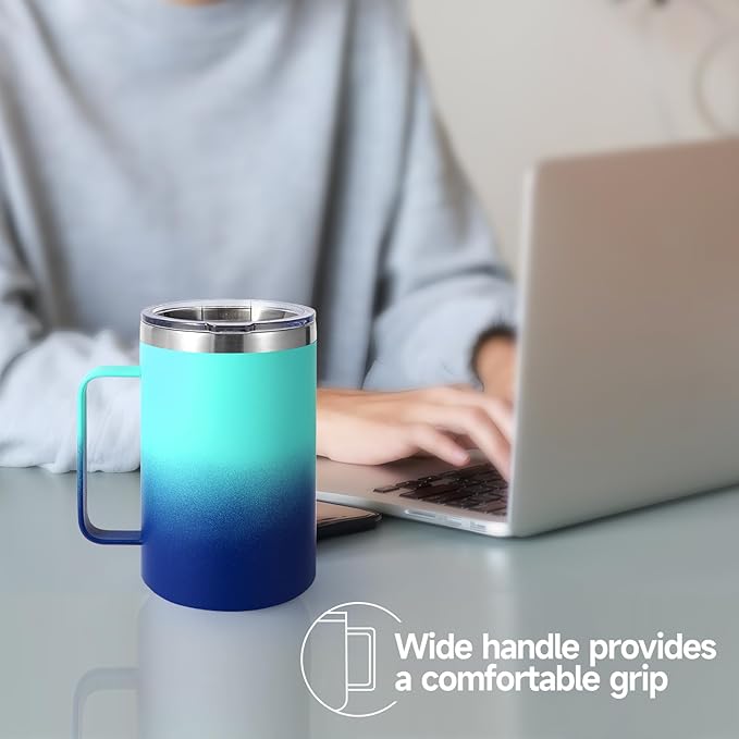 Volhoply 16oz Insulated Coffee Mug with Lid and Straw, Stainless Steel Travel Mugs with Handle, Double Wall Vacuum Leak Proof Coffee Tumbler Cup (Green Blue,1)