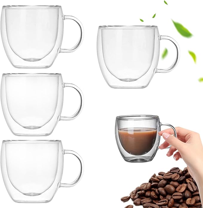 Espresso Cups, 4 Pcs Double Walled Glass Coffee Mugs 5.07 Oz Coffee Mug Clear Glass Espresso Cups Heat-Resistant with Secure Grip Perfect for Tea Milk and Juice, Mug