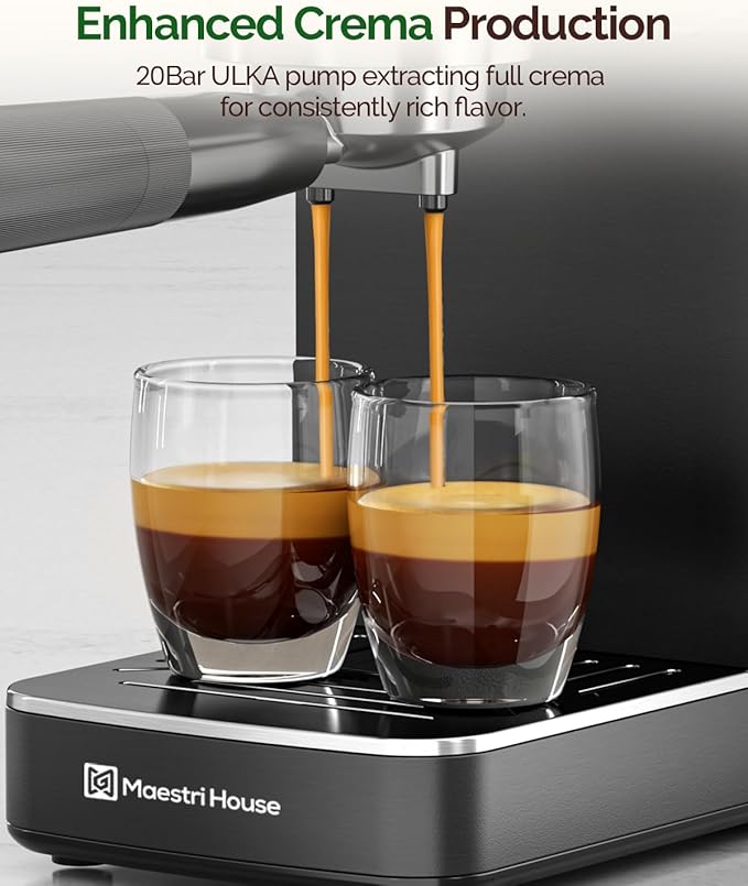 Maestri House Espresso Machines 20 Bar ULKA Pump, Compact Espresso Maker Built-in Flow Meter Steam Milk Frother, 43oz Removable Water Tank Stainless Steel Coffee Machine for Cappuccino (Black)