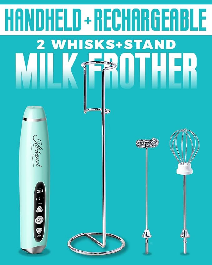 Kitchepool Rechargeable Milk Frother Wand with Stand for Coffee, Electric Whisk with 3 Speed Adjustable, Drink Mixer Handheld for Lattes, Cappuccino, Hot Chocolate, Egg, Light Green