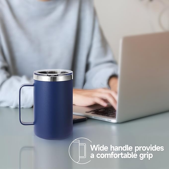 Volhoply 16oz Insulated Coffee Mug with Lid and Straw, Stainless Steel Travel Mugs with Handle, Double Wall Vacuum Leak Proof Coffee Tumbler Cup (Navy,1)