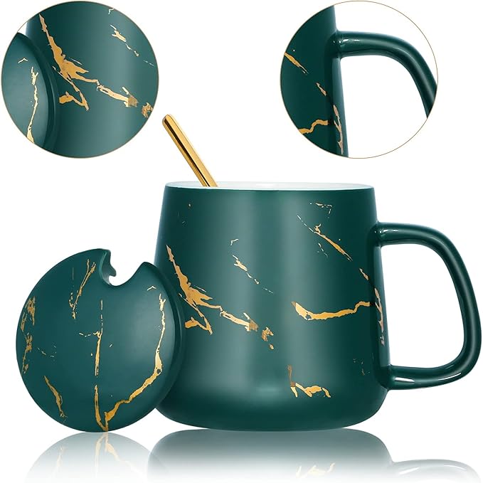 POEKLSYNM Marble-Patterned Ceramic Mug With Lid And Steel Spoon, Making It The For Women, Wives, Mothers, Friends, Mother'S Day, Valentine'S Christmas(Green14oz)