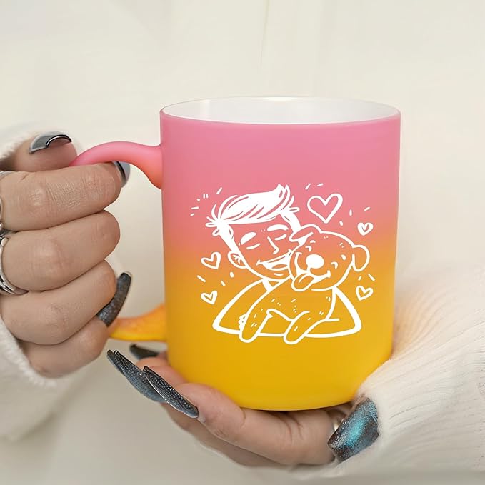 G MUGS Ceramic Coffee Tea Mug, Cute Boy & Dog Hug Design Mug (Solid Purple), Adorable Pet Lover Gift for Men Women,13oz Yellow And Pink Mug