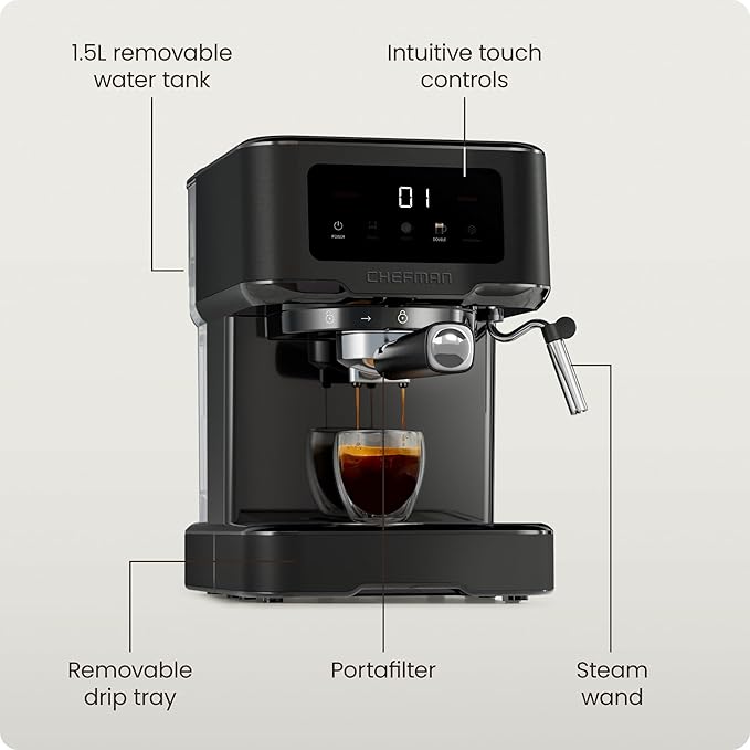 Chefman CraftBrew Espresso Machine, 15-Bar Pump Digital Espresso Maker w/Steam Wand for Latte & Cappuccino, Compact Espresso Coffee Machine w/ 1.5L Removable Water Reservoir - Black