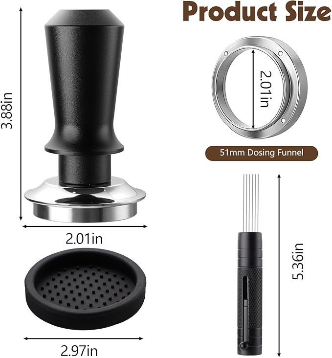 51mm Espresso Accessories Kit, includes a Coffee Tamper, Espresso WDT Tool, Magnetic Dosing Funnel and Round Silicone Pad, Espresso Coffee Tamper Set for Portafilter Barista Tools
