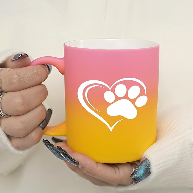 G MUGS Dog Paw Print Coffee Mug - Gift for Pet Owners Women Men, 13oz Ceramic Tea Mug with Heart & Dog Paw Design, Cute Mug for Dog Lovers Yellow And Pink Mug