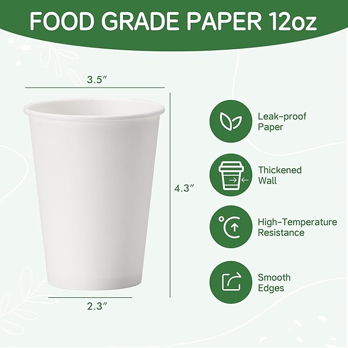 1000 Pack 12 oz Paper Cups - Disposable, White Hot Beverage Drinking Cups, Perfect for Party, Picnic, Travel, and Events