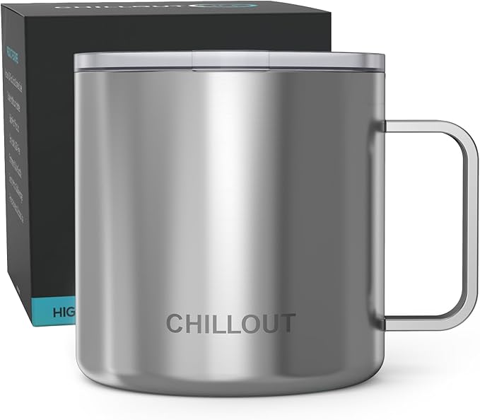 CHILLOUT LIFE Stainless Steel 16 oz Vacuum Insulated Coffee Mug with Handle and Lid, Large Thermal Camping Coffee Mug Cup with Durable Sliding Lid for Men & Women, Keeps your Beverages Hot & Cold