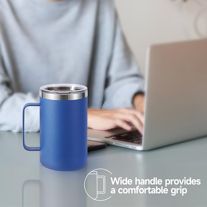 Volhoply 16oz Insulated Coffee Mug with Lid and Straw, Stainless Steel Travel Mugs with Handle, Double Wall Vacuum Leak Proof Coffee Tumbler Cup (Blue,1)