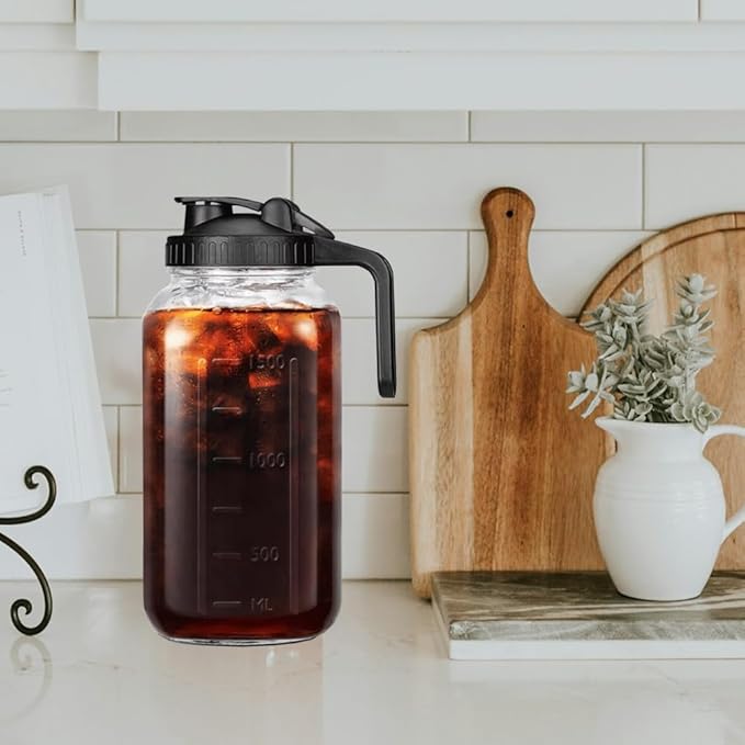 HomeCheer 64 oz (2 Quart), Black Cold Brew Coffee Maker, Iced Tea Machines, Thick Glass with Pour Spout Handle Lid, Stainless Steel Filter for Iced Coffee, Fruit Drinks or Sun Tea (1)