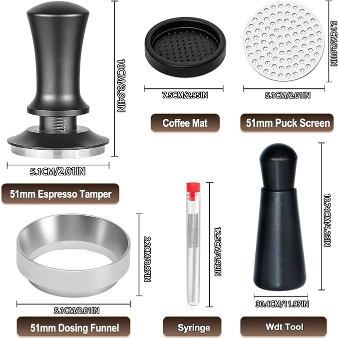 51mm Espresso Accessories Kit, Spring Loaded Calibrated Tamper, WDT Tool, Puck Screen and Dosing Funnel Set Fits Delonghi 51 mm Espresso Coffee Machines and Portafilter, Professional Barista Tools