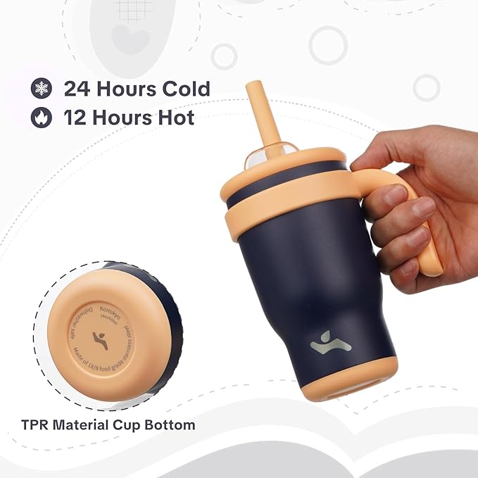 14 oz Tumbler with Side Handle, Insulated Water Bottle with Straw and 2 in 1 Lid, Stainless Steel Cup Travel Coffee Mug for Sports Office Gym,Navy Blue