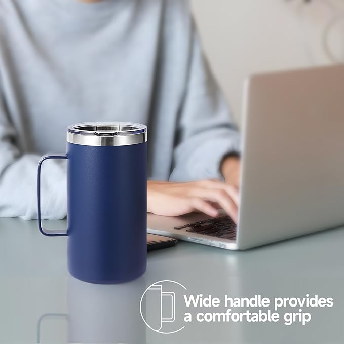 Volhoply 24oz Insulated Coffee Mug with Lid and Straw, Stainless Steel Travel Mugs with Handle, Double Wall Vacuum Leak Proof Coffee Tumbler Cup (Navy,2)