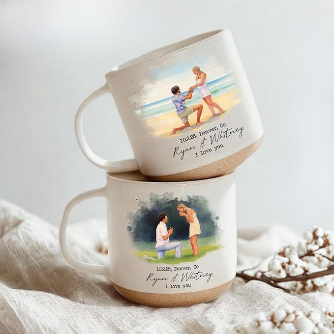 Personalized Engagement Photo Pottery Mug 12oz, Custom Proposal Couple Portrait Mug with Names & Date, Wedding and Anniversary for Couple
