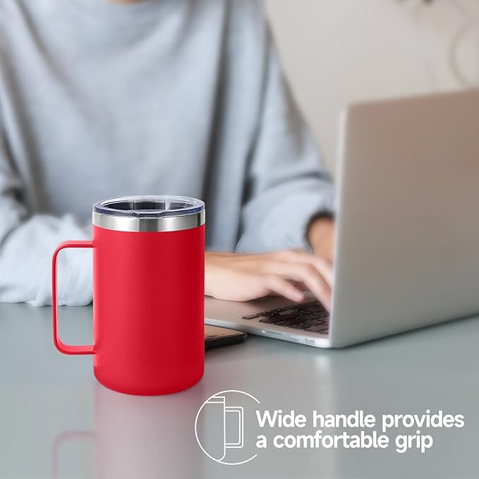Volhoply 16oz Insulated Coffee Mug with Lid and Straw, Stainless Steel Travel Mugs with Handle, Double Wall Vacuum Leak Proof Coffee Tumbler Cup (Mix,2)