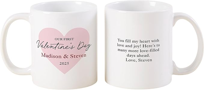 Personalization Universe Our First Valentine's Day Personalized Coffee Mug - 11 oz Ceramic - Customizable Text & Names - Ideal Valentines Day Gifts for Him - Microwave/dishwasher Safe - White