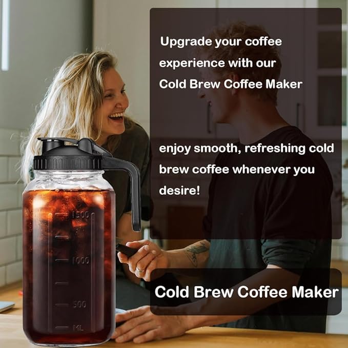 HomeCheer 2 Set 64 oz (2 Quart), Black Cold Brew Coffee Maker, Iced Tea Machines, Thick Glass with Pour Spout Handle Lid, Stainless Steel Filter for Iced Coffee, Fruit Drinks or Sun Tea (2)