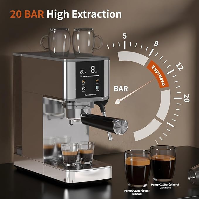 Kismile Espresso Machine with Milk Frother, 20 Bar Compact Stainless Coffee Maker with Capsule Funnel|48oz Detachable Water Tank|LED Display, Pre-Infusion for Cappuccino|Mocha|Latte at Home or Office