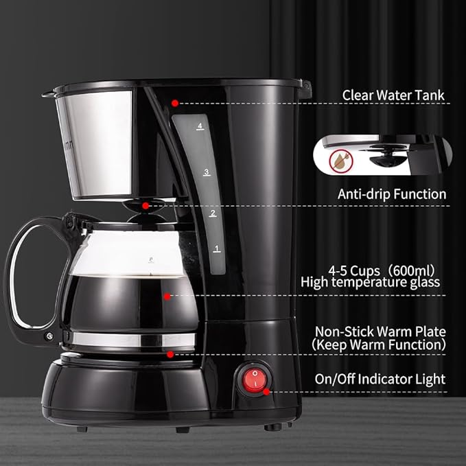 Nehilumn 4 Cups Drip Coffee Maker, Coffee Pot Machine Permanent Coffee Filter, Mini,20Oz Electric Coffee Maker,650W Black and Stainless Steel