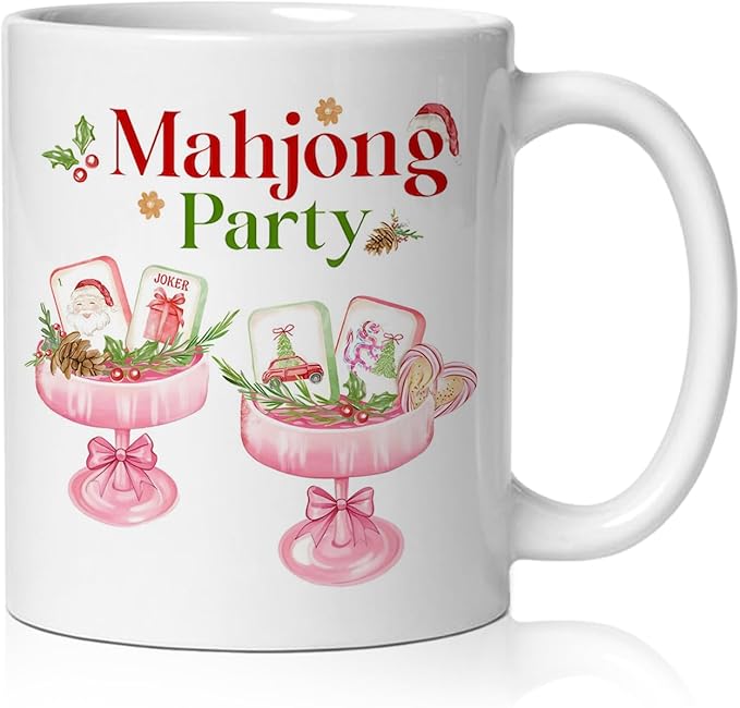 Christmas Pink Mahjong Cocktail Mug, Mahjong Gifts for Women Coffee Cup Ceramic, Gifts for Cocktail Lovers, Holiday Christmas Mah Jong Party Ceramic Coffee Tea Mug 11 oz
