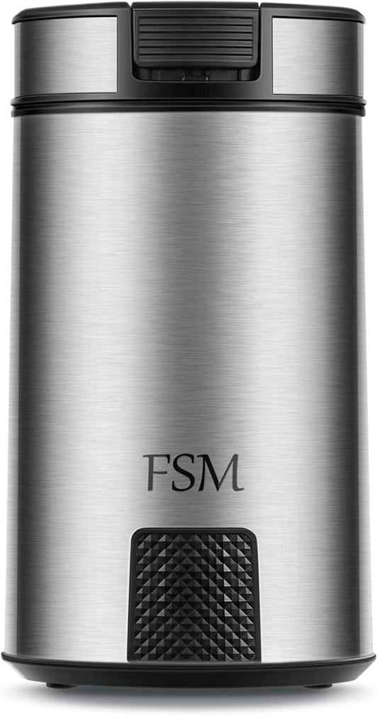 FSM Electric Coffee Grinder and Spice Mill with Safety Lock System – Rustproof Stainless Steel with Transparent Lid and Gripping Base – Grind Whole Beans, Seeds, Nuts, Herbs and Flaxseed -1.76 Oz.