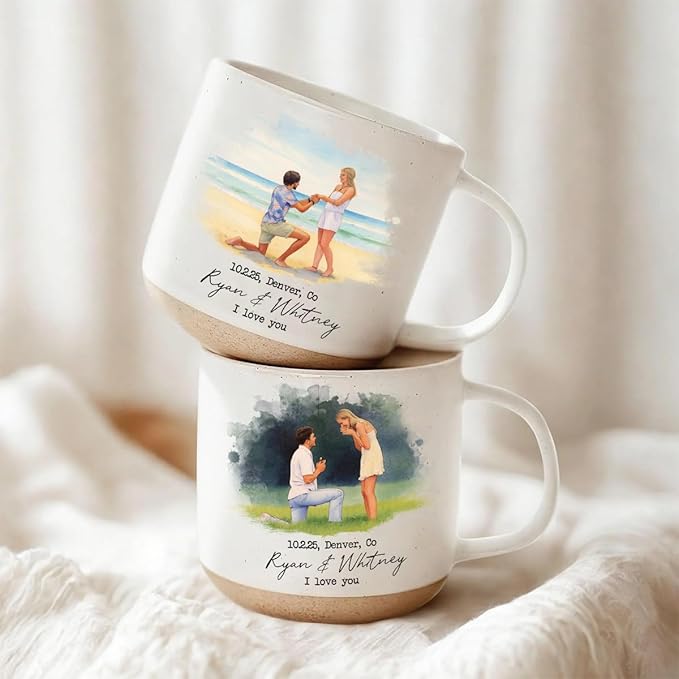 Personalized Engagement Photo Pottery Mug 12oz, Custom Proposal Couple Portrait Mug with Names & Date, Wedding and Anniversary for Couple