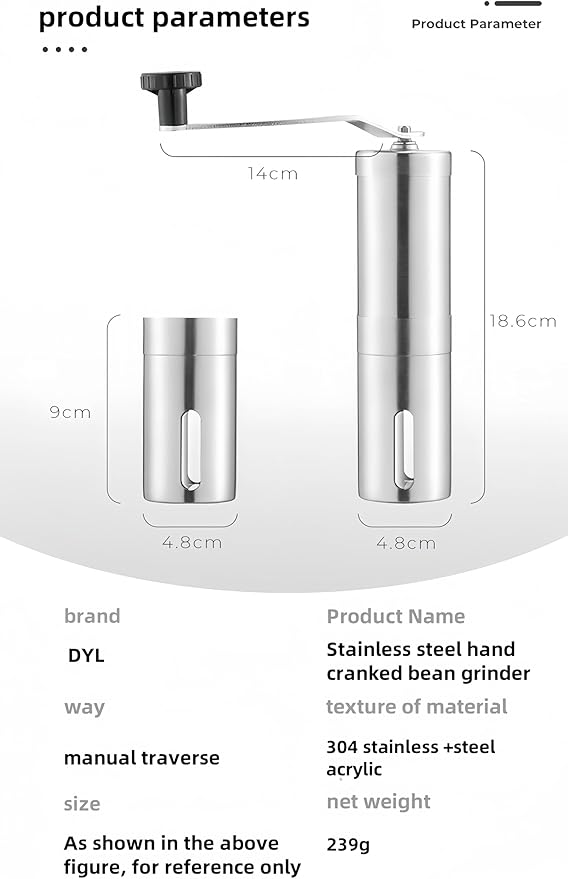 Stainless Steel Handheld Coffee Grinder Manual Coffee Mill Portable Compact Design Ceramic Burr Adjustable Coarseness Easy Clean for Home Office Travel Coffee Lovers (Stainless Steel (Short))