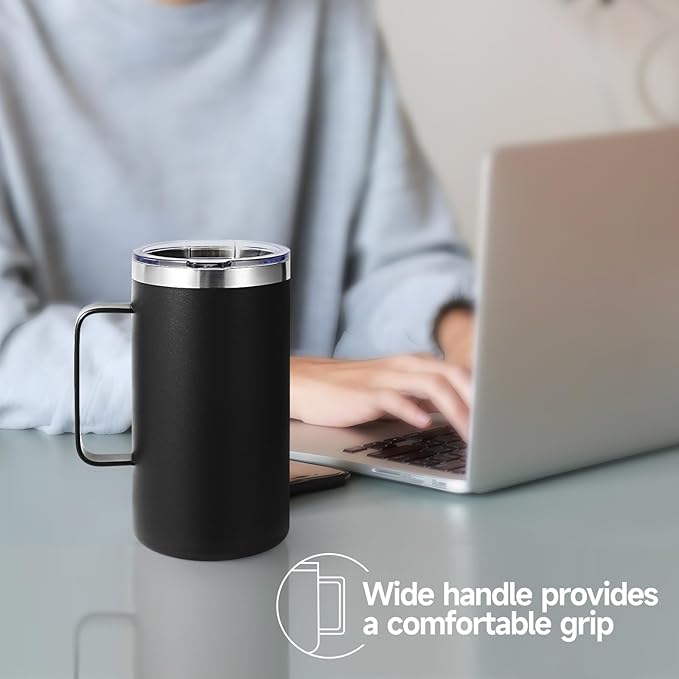 Volhoply 24oz Insulated Coffee Mug with Lid and Straw, Stainless Steel Travel Mugs with Handle, Double Wall Vacuum Leak Proof Coffee Tumbler Cup (Black,2)