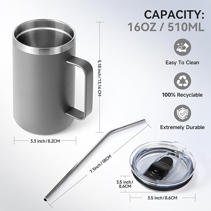 Volhoply 16oz Insulated Coffee Mug with Lid and Straw, Stainless Steel Travel Mugs with Handle, Double Wall Vacuum Leak Proof Coffee Tumbler Cup (Gray,1)
