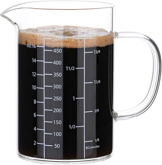 BCnmviku 500ML 2 CUP Glass Measuring Cup With Handle, High Borosilicate Glass Three Scales (OZ, Cup, ML/CC for Kitchen or Restaurant Easy To Read