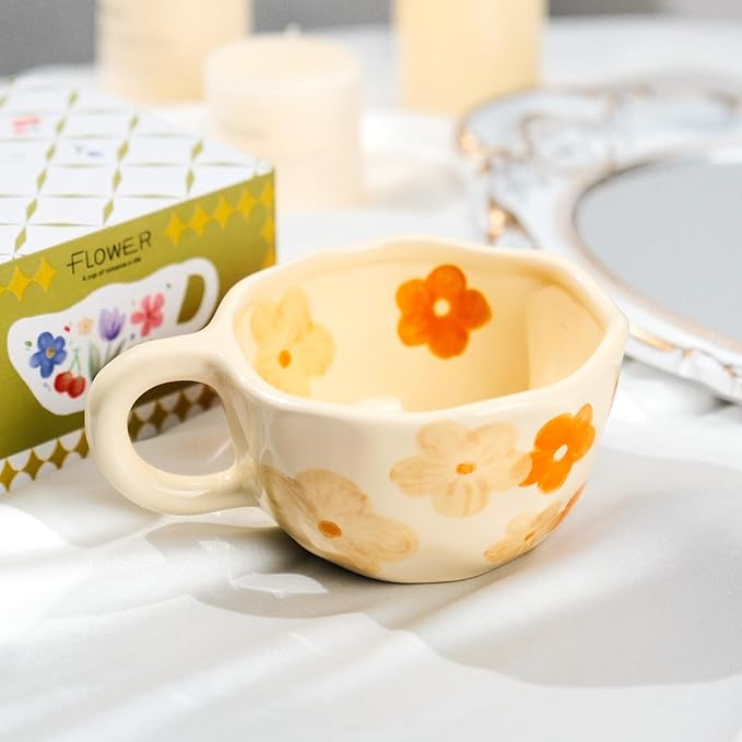 MAKCNMYM Ceramic Coffee Mug Vintage Flower Mugs 8 oz Cute Floral Coffee Mugs Irregular Latte Art Cup Lead-free Porcelain Cups for Cappuccino, Cocoa (Orange Flowers)