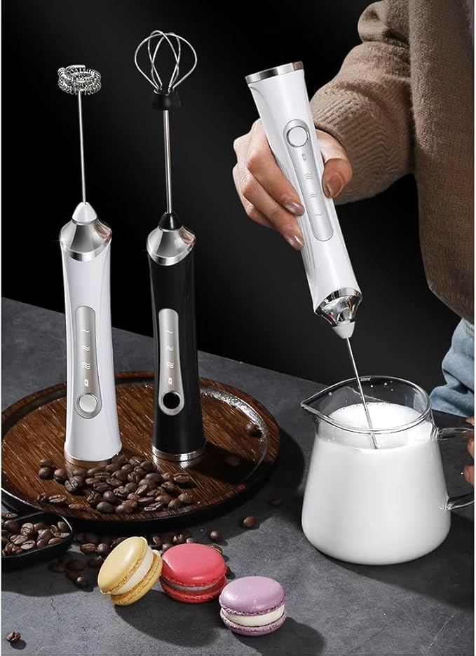 Rechargable Milk Frother, Handheld Drink Mixer with Whisk Attachment, 2025 upgraded powerfull 3 speed motor, Type C charging with charge light, with extra egg mix head (White with Stand)