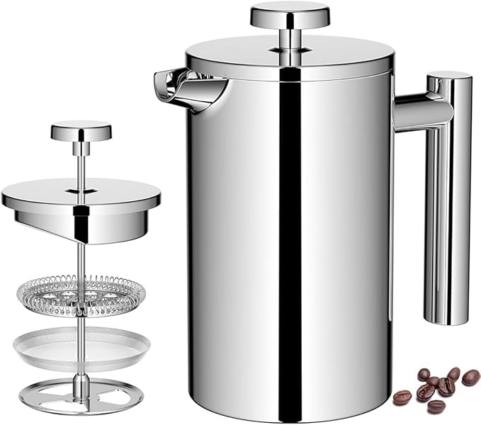 Coffito French Press Coffee Maker,Stainless Steel Double Wall Insulated Coffee Press 34 oz,4-8 Cups, Portable Hot Cold Brew Teapot Cafetera for Coffee Bar Accessories Kitchen Camping (silver,34oz)