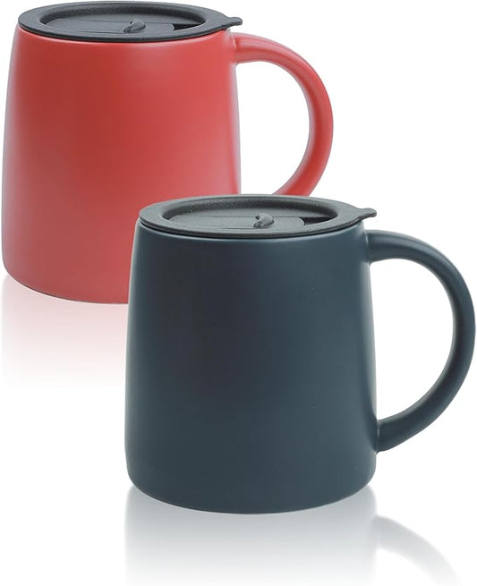 LINVIA Classic Mug, 14 oz Large Coffee Mug with Handle, Ceramic Porcelain Tea Cup, Smooth Matte (Sliding Lid, Set of 2, Red and Navy Blue)