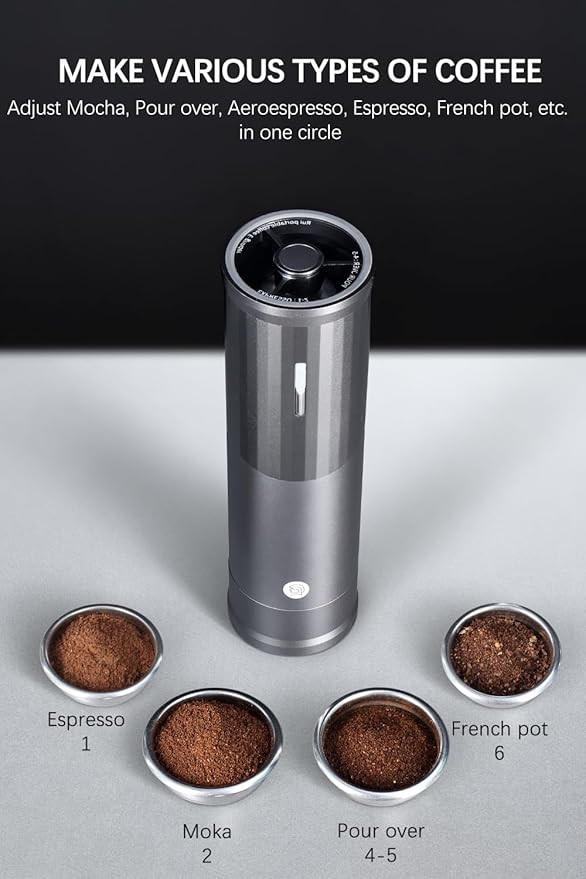 Electric Coffee Grinders, Portable Burr Grinder Capacity 50g w/Magnetic Cover,External Adjustable Setting, Aluminum Alloy Body, 800mAh Battery(Stand not Included) Black