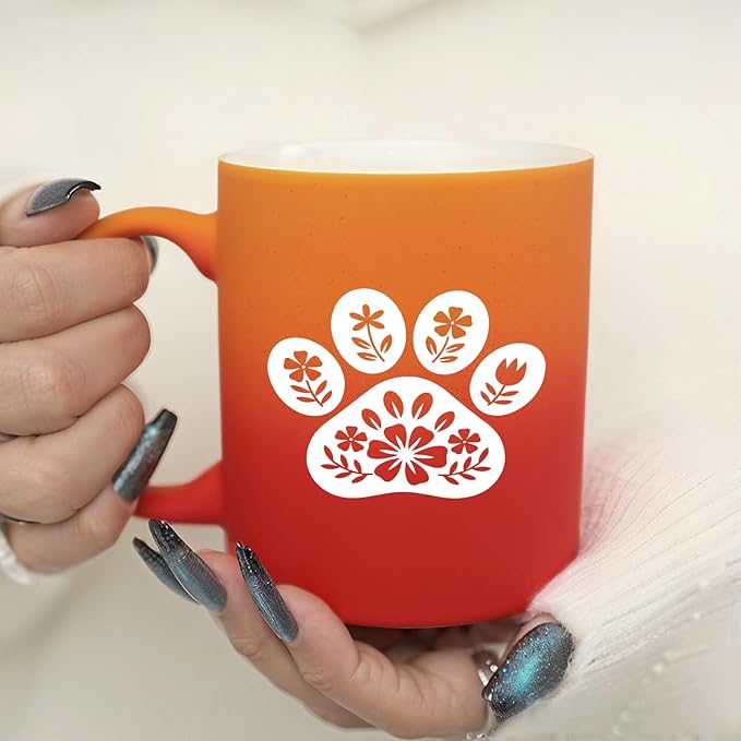 G MUGS Floral Dog Paw Ceramic Coffee Mug - 13oz Ceramic Tea Mug with Flower Decorated Paw Print Design,Gift for Pet Owners Women Men, Cute Dog Lover Red And Yellow Mug