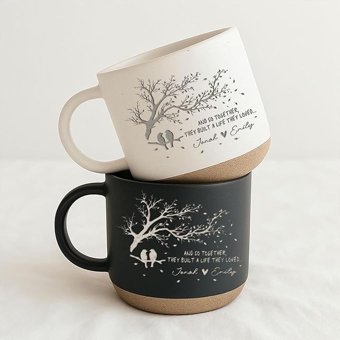 Personalized Love Birds Pottery Mug 12oz, Custom Couple Tree Design Coffee Mug with Names, Engagement, Wedding & Anniversary