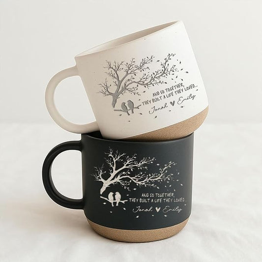 Personalized Love Birds Pottery Mug 12oz, Custom Couple Tree Design Coffee Mug with Names, Engagement, Wedding & Anniversary