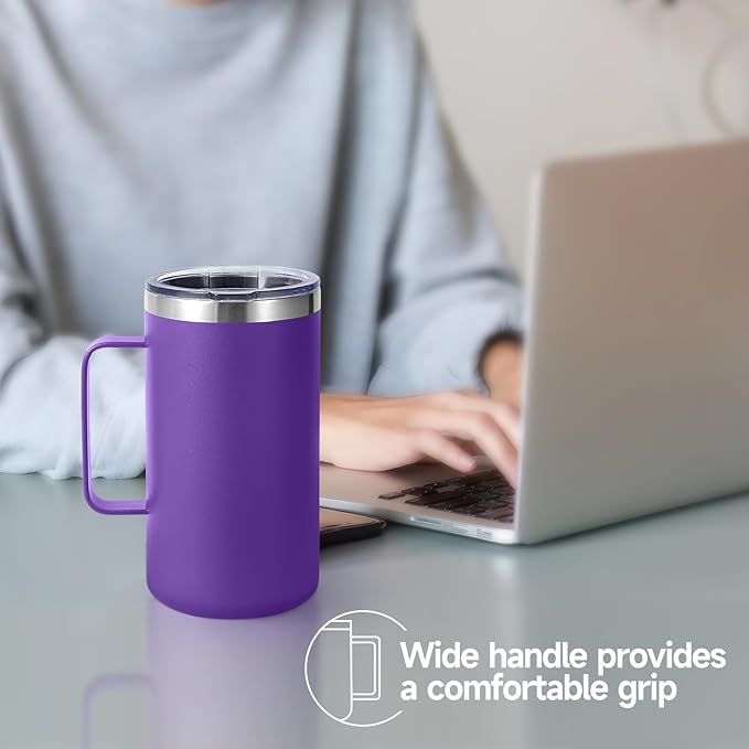 Volhoply 24oz Insulated Coffee Mug with Lid and Straw, Stainless Steel Travel Mugs with Handle, Double Wall Vacuum Leak Proof Coffee Tumbler Cup (Purple,1)