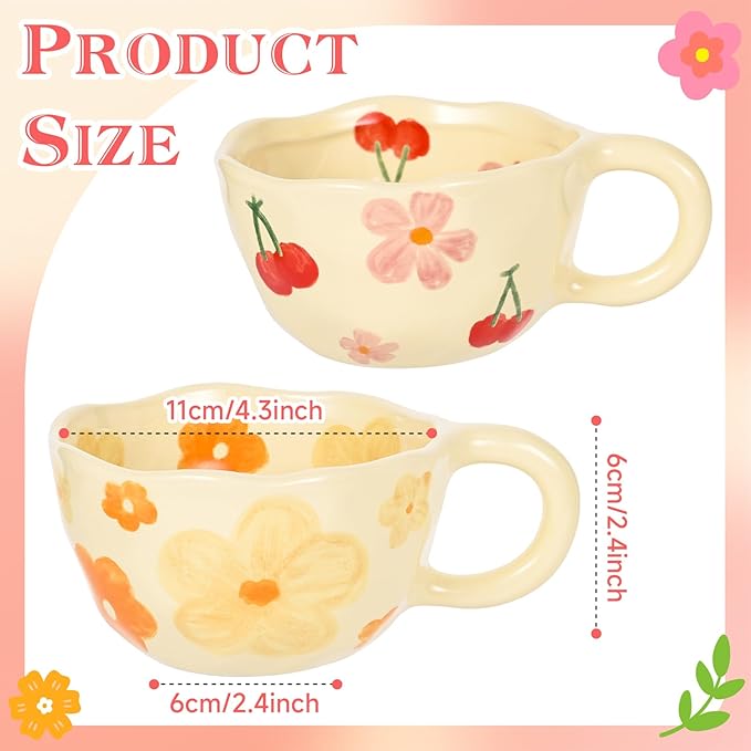 MAKCNMYM Ceramic Coffee Mug Set of 2 Vintage Flower Mugs 8 oz Cute Floral Coffee Mugs Irregular Latte Art Cup Lead-free Porcelain Cups for Cappuccino, Cocoa (Pink Cherry and Orange Flower)