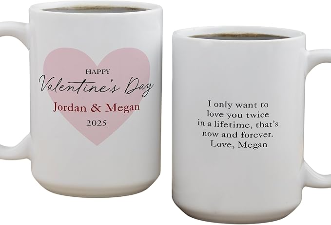 Personalization Universe Our First Valentine's Day Personalized Coffee Mug - 15 oz Ceramic - Customizable Text & Names - Ideal Valentines Day Gifts for Him - Microwave/dishwasher Safe - White