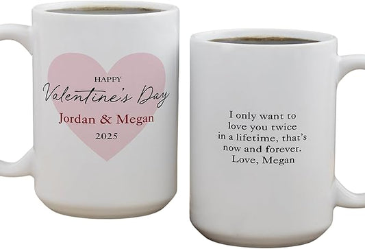 Personalization Universe Our First Valentine's Day Personalized Coffee Mug - 15 oz Ceramic - Customizable Text & Names - Ideal Valentines Day Gifts for Him - Microwave/dishwasher Safe - White