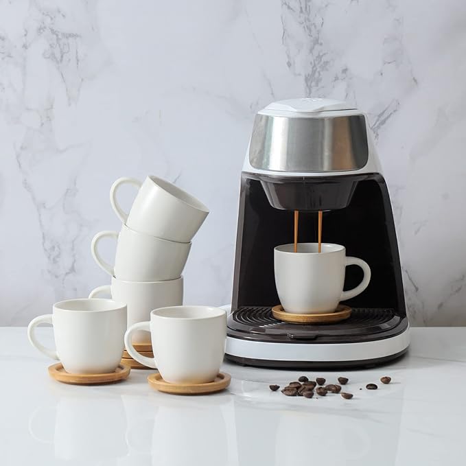 HASENSE 3 Ounce Espresso Cups and Saucers Set of 6, Demitasse Cups with Handle for Coffee Drinks, Latte, Cappuccino, Cafe Mocha and Tea, Porcelain Coffee Cups for Coffee Bar Home and Party, White