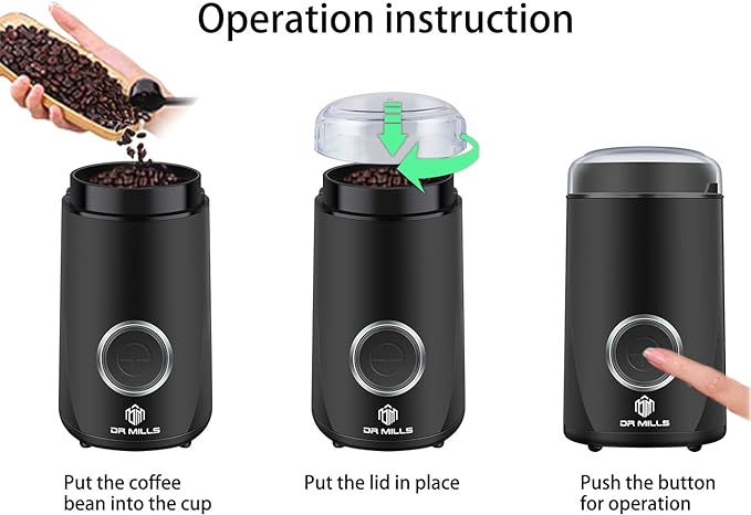 DR MILLS DM-7441 Coffee Grinder Electric, Coffee Bean and Dried Spice Grinder, One Touch Operation, Blade and Cup Made with SUS304 Stainless Steel (Black)