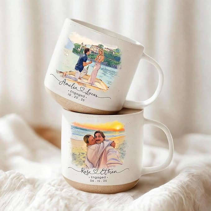 Personalized Couple Photo Pottery Mug 12oz, Custom Engagement, Wedding & Anniversary Coffee Mug, Handmade Ceramic Mug with Names, Date, Romantic Gift for Couple