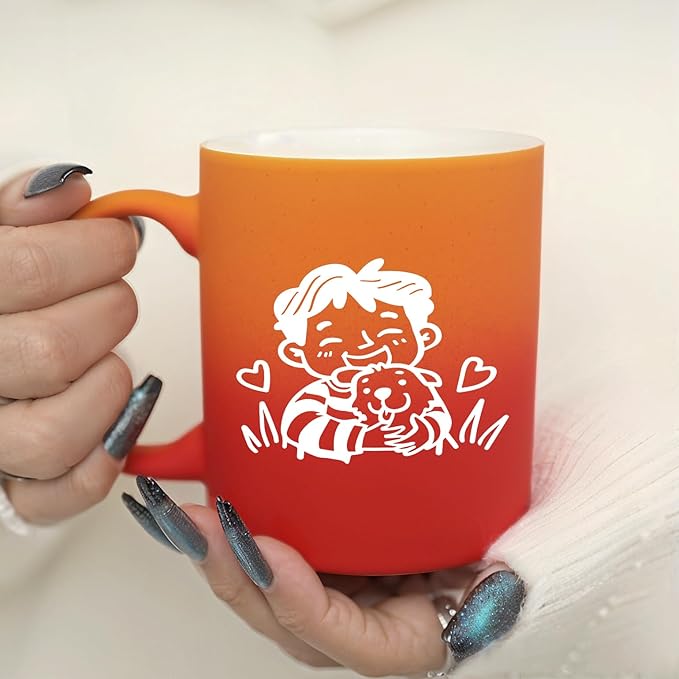 G MUGS Dog Lover Ceramic Coffee Mug - 13oz Ceramic Tea Mug with Kid & Puppy Hug Design, Gift for Men Boys Dog Enthusiasts Red And Yellow Mug