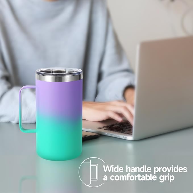 Volhoply 24oz Insulated Coffee Mug with Lid and Straw, Stainless Steel Travel Mugs with Handle, Double Wall Vacuum Leak Proof Coffee Tumbler Cup (Purple Green,1)