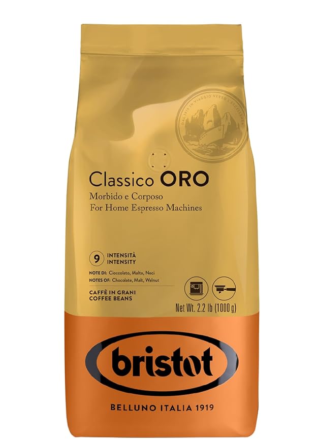 Bristot Classico Oro Italian Espresso Beans – Imported Italian Whole Coffee Beans – Medium Roast – Low Acid – Notes of Chocolate, Malt & Walnut – 2.2 lb – 1 kg