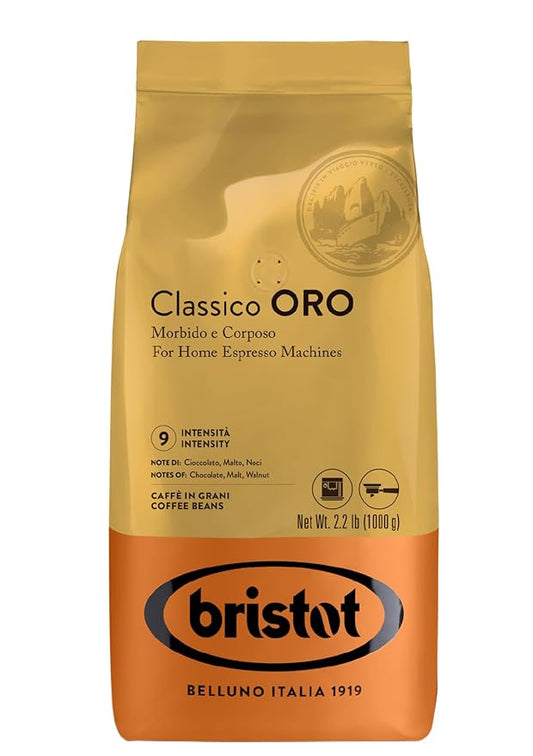 Bristot Classico Oro Italian Espresso Beans – Imported Italian Whole Coffee Beans – Medium Roast – Low Acid – Notes of Chocolate, Malt & Walnut – 2.2 lb – 1 kg